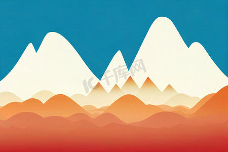 蓝色山脉的线条平面风格景观