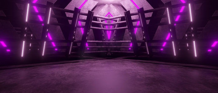 高科技现代外星人时尚舞蹈俱乐部陈列室走廊隧道走廊混凝土网络虚拟暗椭圆紫色粉红色背景彩色 3D 渲染