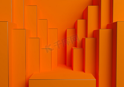 霓虹橙色、亮红色 3D 渲染产品展示台或站立简单、最小、对称、几何背景或壁纸，用于奢侈品广告抽象城市天际线