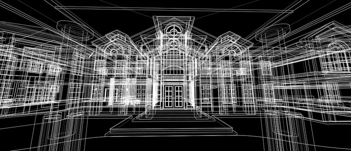 建筑房屋空间设计概念3D透视线框渲染计算机智能技术