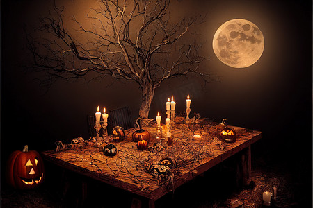 万圣节背景-有蜡烛和树枝的旧桌子