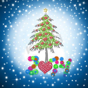 美丽的圣诞贺卡 2014 年与闪亮的心树