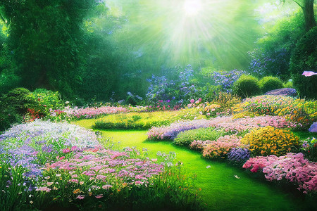 高清壁纸摄影照片_3D 渲染数字绘画花园与花草树木，花卉高清壁纸