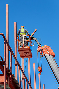 男性建筑工人在升降摇篮中高空作业，打造建筑物的铁架
