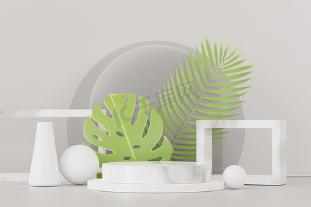 带有热带龟背竹叶的抽象基座讲台展示的 3d 渲染。
