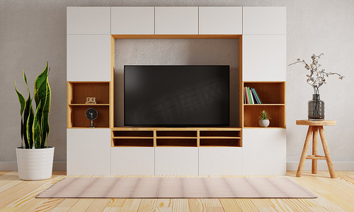 现代客厅背景中间的橱柜上的电视。