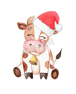 水彩棕色斑点牛在红色圣诞老人帽子隔离在白色背景。