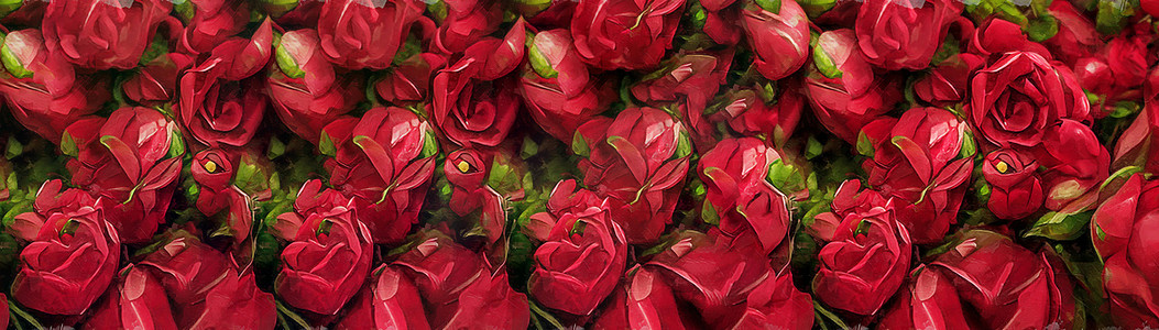 水彩漂亮的红色花摄影照片_红玫瑰复古油画水彩风格。