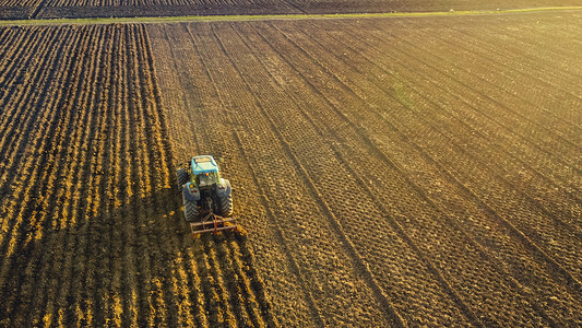 粮食日摄影照片_意大利皮亚琴察 — 9 月 22 日日落时农民驾驶拖拉机深耕土地