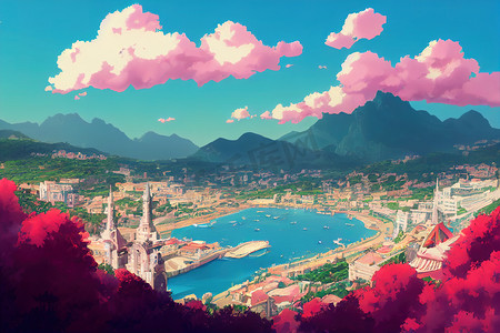 暑假卡通海报摄影照片_Monacoanime 风格 2d 背景插画卡通风格