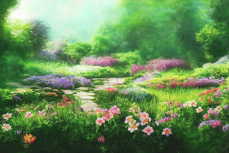 数字花卉摄影照片_3D 渲染数字绘画花园与花草树木，花卉高清壁纸