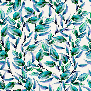 水彩绿色水彩叶子摄影照片_蓝色和绿色的叶子水彩纹理图案。