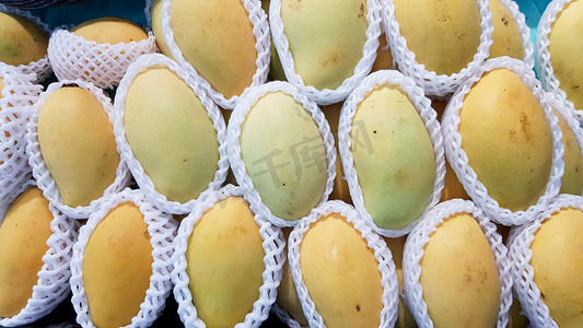 黄色的芒果用气泡膜包裹着，放在货架上出售。