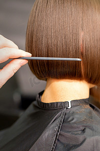 一位美发师正在美发沙龙里梳理黑发女顾客的短发，后视图。