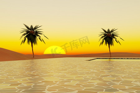 沙漠全景有棕榈树和游泳池的，3D渲染