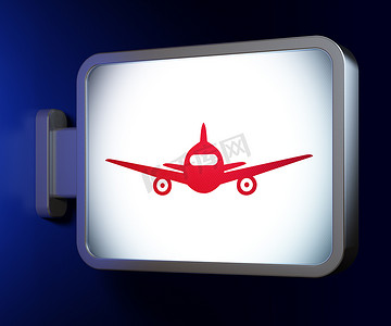 红色旅游海报摄影照片_旅游概念：广告牌背景上的飞机