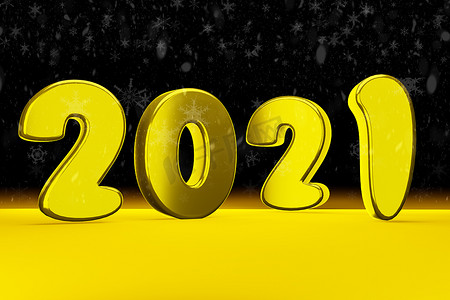 雪花元素摄影照片_2021 年金色粗体字 3D 插图黑色背景与雪花。