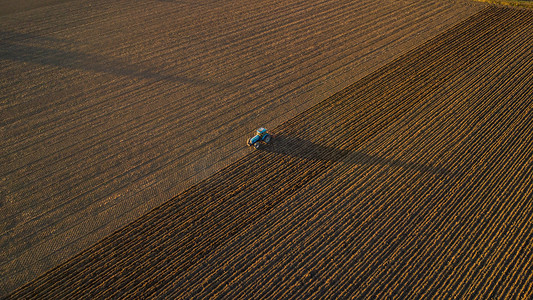 意大利皮亚琴察 — 9 月 22 日日落时农民驾驶拖拉机深耕土地