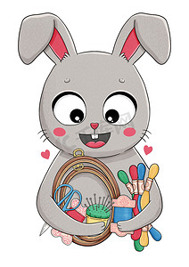 带刺绣、缝纫的可爱小灰兔