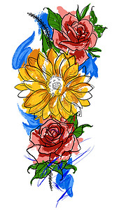 水彩风格花卉摄影照片_水彩风格黑色轮廓的鲜艳花朵插图