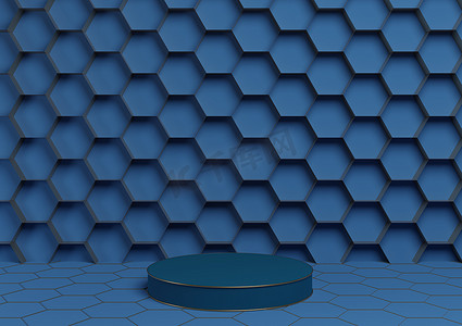 明亮、深色、柔和的蓝色 3D 渲染产品展示台豪华金色蜂窝抽象背景与圆柱支架最小，自然豪华蜂蜜产品的简单模板