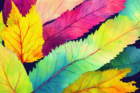 色彩缤纷的充满活力的水彩叶子背景。