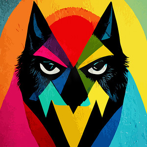 五颜六色的狼头与酷炫的孤立波普艺术风格背景。 