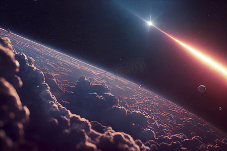 奇幻宇宙摄影照片_3D 渲染空间艺术：外星星球 - 紫色天空的奇幻景观。