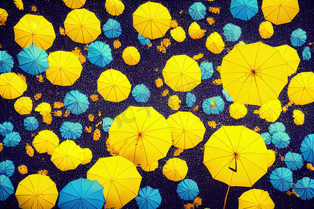 明亮的蓝色正方形生动柔和的背景上，美丽的花朵从可爱的黄色雨伞上落下