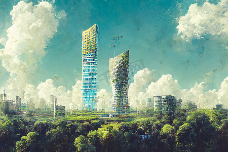 壮观的数字艺术 3D 插图生态未来城市树木丰富。