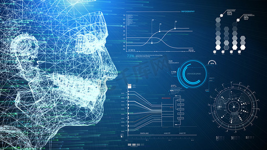 3D 插图线框人类 AI 系统和信息图表信息扫描仪 HUD 界面在蓝色背景上。