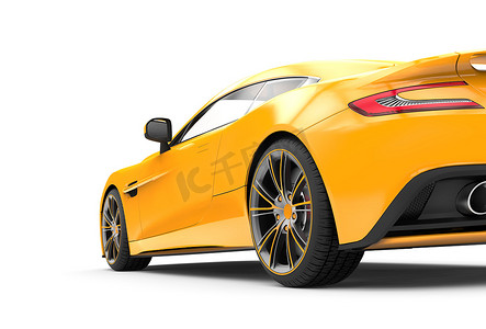 豪华车背景摄影照片_白色背景中隔离的黄色豪华车的背面：3D 渲染