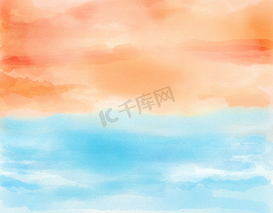 波浪天蓝色摄影照片_在水彩的海洋橙色天蓝色海的日落。