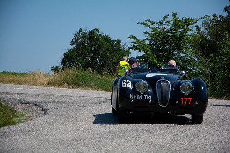 捷豹 XK120 OTS ROADSTER 1950 年在一辆旧赛车上参加 2022 年著名意大利历史赛事 Mille Miglia 拉力赛（1927-1957 年）