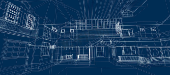 智能住宅自动化系统数字智能技术抽象背景建筑室内 3D 线框建筑蓝色背景