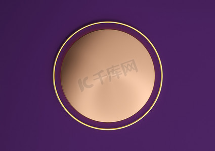 金色紫色摄影照片_深紫色、紫色 3D 渲染空产品展示场景，带有圆柱形讲台或站立顶视图平躺和金线，用于奢侈品最小、简单的背景从上面