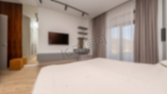 豪华和现代卧室酒店公寓室内设计的散焦和模糊照片。