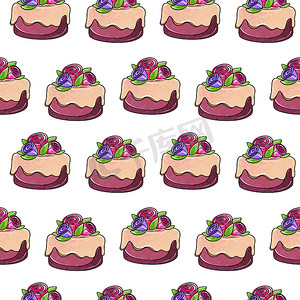 插图光栅无缝图案圆紫色蛋糕装饰白色孤立背景上的浆果