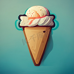 冰淇淋设计摄影照片_蓝色复古背景上的华夫蛋筒中的冰淇淋球。