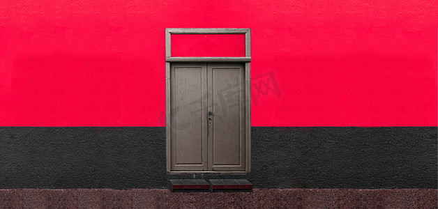 白色木门摄影照片_红墙上的木门，彩色墙上的门细节