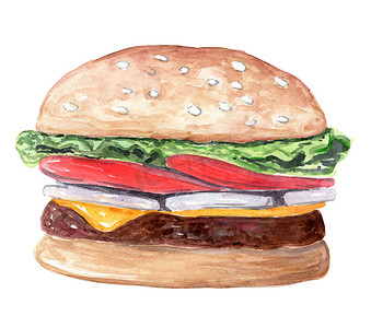 水彩手绘棕色汉堡配沙拉、番茄、奶酪隔离在白色背景。