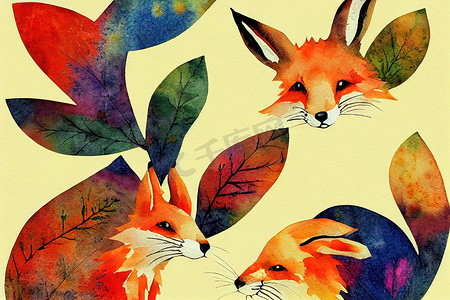 水彩 isquare 卡与狐狸和兔子，野兔，兔子，