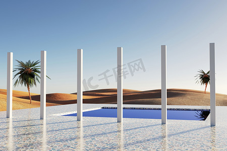 沙漠全景有棕榈树和游泳池的，3D渲染