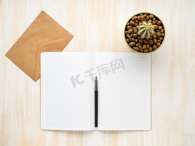白色开放记事本、牛皮纸信封和仙人掌放在米色木桌上的锅里，平躺，复制空间