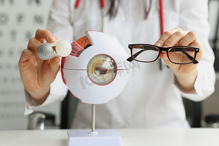 女性配戴摄影照片_配戴眼镜靠近解剖模型眼睛的验光师妇女