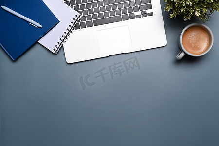 蓝色笔记本电脑摄影照片_蓝色背景上的俯视笔记本电脑、盆栽植物、笔记本和咖啡杯。
