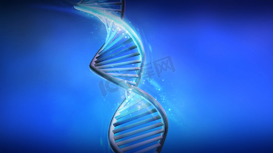 蓝色背景上的 DNA 结构模型，3D 渲染。
