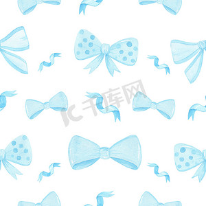 水彩手绘蓝色蝴蝶结和丝带白色背景上的无缝图案，用于包装纸、婴儿送礼会、剪贴簿、卡片