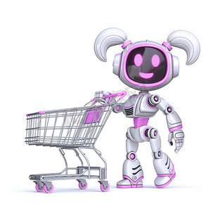 可爱的粉红女孩机器人推空购物车3D