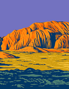念奴娇赤壁怀古摄影照片_雪峡谷州立公园与美国犹他州红崖沙漠保护区红山纳瓦霍砂岩 WPA 海报艺术